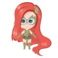 cute cartoon girl in green superhero costume with red hair. Girl superhero or supergirl. Beautiful smiling redhead child