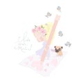 Cute Cartoon Girl holding Big Pencil and painting Hearts. Happy Mother s Day Royalty Free Stock Photo