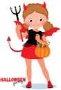 Cute cartoon girl in a holiday costume devil imp to Halloween