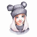 Cute cartoon girl ingray warm hat Royalty Free Stock Photo