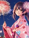 A cute cartoon girl in a kimono with fireworks in the background