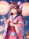 A cute cartoon girl in a kimono with fireworks in the background