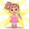 Cute cartoon girl with a microphone sings a song.