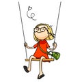 Cute cartoon girl playing on a swing. Vector isolated hand drawn character