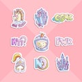 Cute cartoon girl power stickers. Astronaut girl, unicorn, donut, helmet and girl power lettering in sticker style