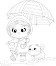 Cute cartoon girl in raincoat with umbrella and cat sketch template Royalty Free Stock Photo