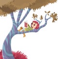 Cute cartoon girl reading book over a tree