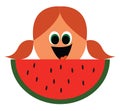 Cute cartoon girl`s face with a slice of watermelon in her front vector or color illustration