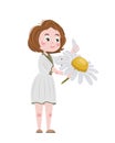 Cute cartoon girl in a simple dress divines on a big daisy, tearing off her petal. Love does not love.