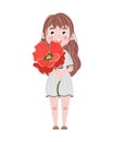 Cute cartoon girl in a simple dress holding a big red poppy flower Royalty Free Stock Photo