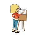 Cute cartoon girl sketching with easel and sketchbook. Vector isolated hand drawn character