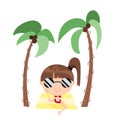 A cute cartoon girl in a swimsuit is sunbathing under palm trees. Bright summer illustration Royalty Free Stock Photo