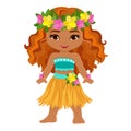 Cute cartoon girl in traditional Hawaiian dancer costume.