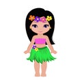 Cute cartoon girl in traditional Hawaiian dancer costume.