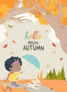 Cute Cartoon Girl walking with Dog in Autumn Forest Royalty Free Stock Photo