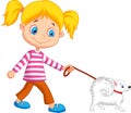 Cute cartoon girl walking with dog Royalty Free Stock Photo