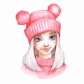 Cute cartoon girl in pink warm hat Royalty Free Stock Photo