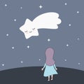 Cute cartoon girl watching shooting star concept vector illustration Royalty Free Stock Photo