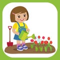 Cute Cartoon Girl With Watering Can Working In Garden. Young Farmer Girl Watering Tulip Flowers.