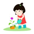 Cute cartoon girl watering plant .