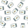 Cute cartoon glass mason jars with candles doodles seamless border pattern. Vector repeatable background texture tile. Cozy