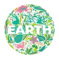 Cute cartoon Globe image with floral and animal icons on white background. Lettering