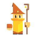 Cute cartoon gnome in a brown hat with a staff in his hands. Fairy tale, fantastic, magical colorful character Royalty Free Stock Photo