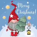 Cute Cartoon Gnome with Christmas tree on a blue background Royalty Free Stock Photo