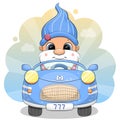 Cute cartoon gnome driving a car. Royalty Free Stock Photo