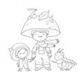 Cute cartoon gnome mushroom, his friend and caterpillar. Cheerful garden elves. Boys in carnival costumes. Vector