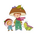 Cute cartoon gnome mushroom, his friend and caterpillar. Cheerful garden elves. Boys in carnival costumes. Vector