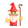 Cute cartoon gnome in a red hat with a staff in his hands. Fairy tale, fantastic, magical colorful character Royalty Free Stock Photo