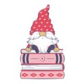 Cute cartoon gnome on a stack of huge books Royalty Free Stock Photo