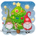 Cute cartoon gnomes and Christmas tree