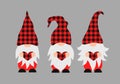 Cute cartoon gnomes holding heart. Red buffalo plaid pattern. Scandinavian Nordic Character. Vector template for