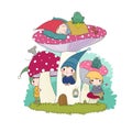 Cute cartoon gnomes, mushroom house and frog. Forest magic elves