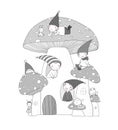 Cute cartoon gnomes, mushroom house and frog. Forest magic elves