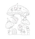 Cute cartoon gnomes, mushroom house and frog. Forest magic elves