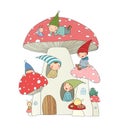 Cute cartoon gnomes, mushroom house and frog. Forest magic elves