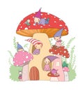 Cute cartoon gnomes, mushroom house and frog. Forest magic elves