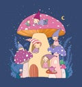 Cute cartoon gnomes, mushroom house and frog. Forest magic elves