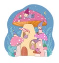 Cute cartoon gnomes, mushroom house and frog. Forest magic elves