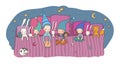 Cute cartoon gnomes sleep in a bed. Funny wood elves. Sleepy kids and toys - Vector