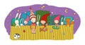 Cute cartoon gnomes sleep in a bed. Funny wood elves. Sleepy kids and toys - Vector