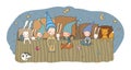 Cute cartoon gnomes sleep in a bed. Funny wood elves. Sleepy kids and toys - Vector