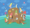 Cute cartoon gnomes in a stump house. Magic forest elves Royalty Free Stock Photo