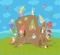 Cute cartoon gnomes in a stump house. Magic forest elves Royalty Free Stock Photo