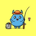 Cute cartoon goblin monster ready fishing