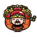 the cute god of wealth cai shen cartoon character brings a lot of gold coins and coins