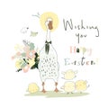 Cute cartoon goose and chicks celebrating Easter